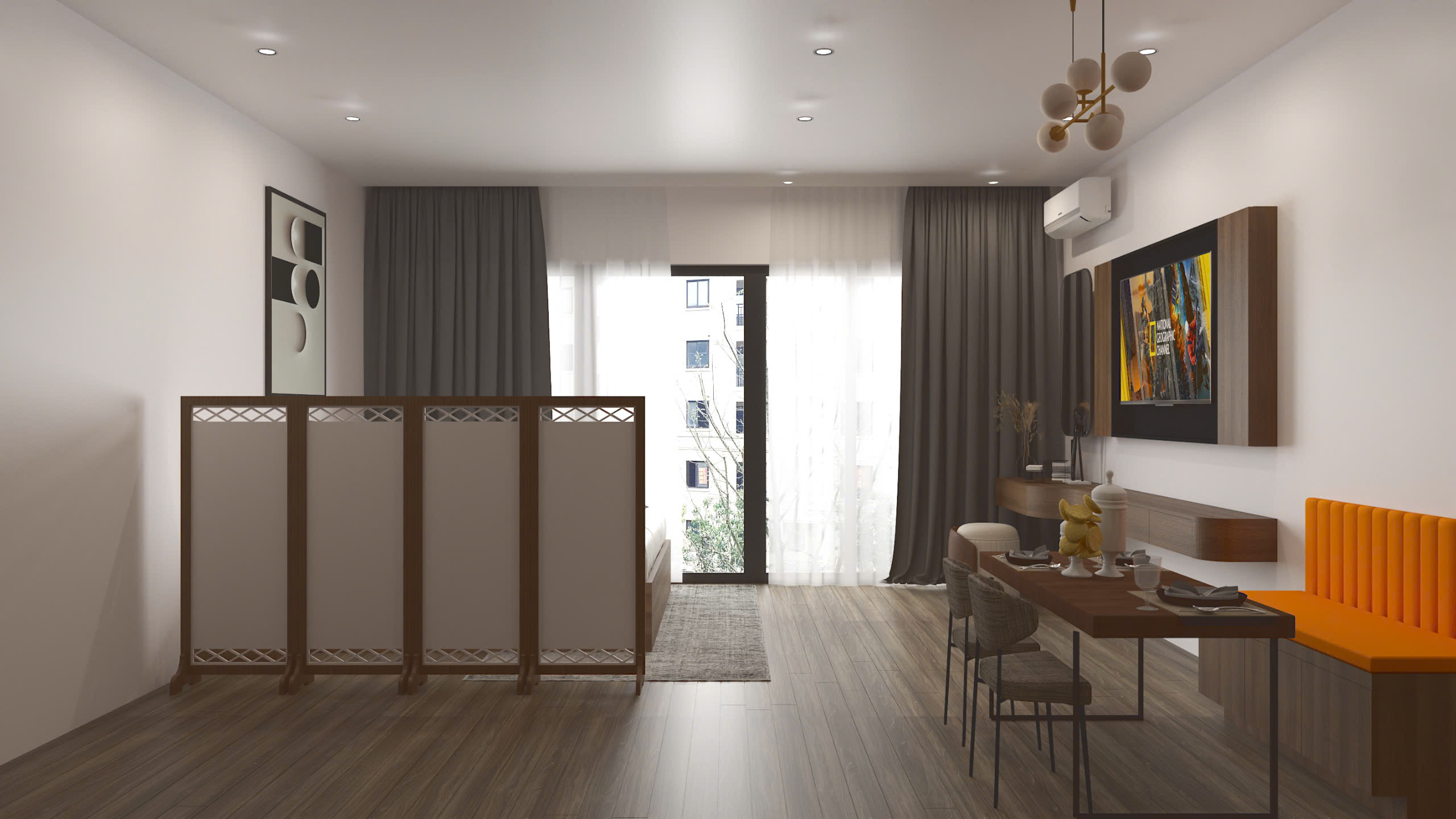 Vách Bình phong ngăn phòng di động họa tiết kín mới màu trắng viền gỗ - TDVN66