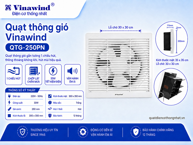 Quạt thông gió gắn tường Vinawind QTG-250PN (1 chiều hút)