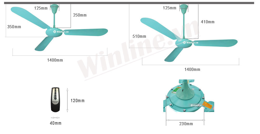 Quạt trần điện cơ thống nhất Vinawind QT1400-X có điều khiển Màu xanh ngọc