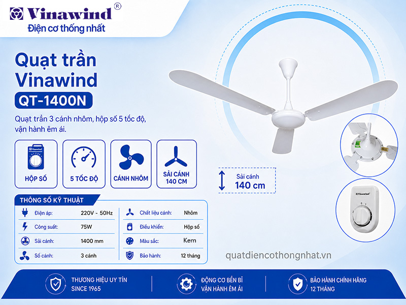 Quạt trần Vinawind QT-1400N cánh nhôm, hộp số, 75w, sải cánh 1,4m