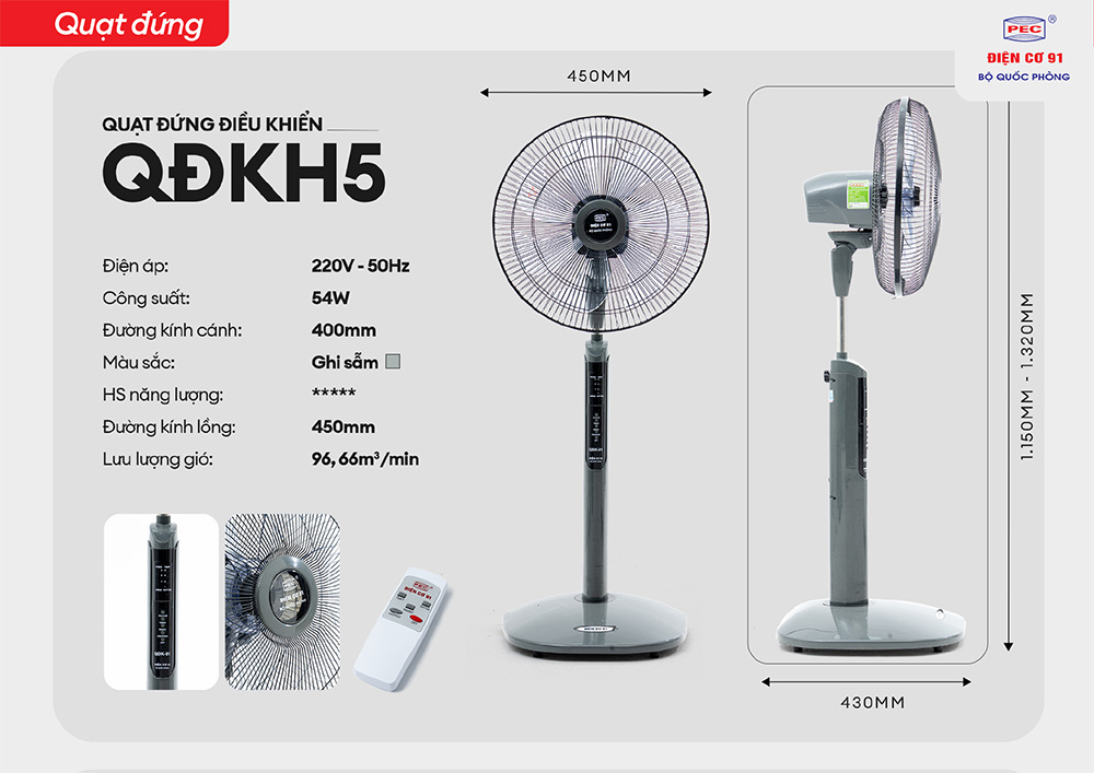 Quạt cây điện cơ 91 QĐK-H5, 7 lá cánh, điều khiển từ xa