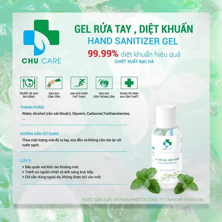 Gel rửa tay khô diệt khuẩn CHU CARE 50ml chiết xuất bạc hà