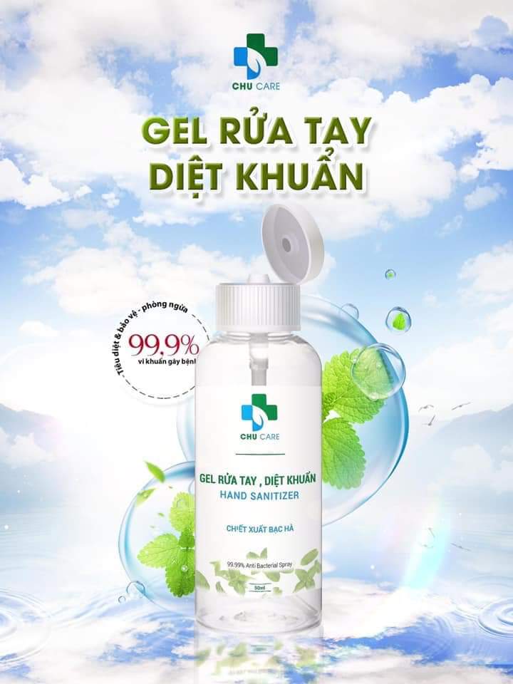 Gel rửa tay khô diệt khuẩn CHU CARE 50ml chiết xuất bạc hà