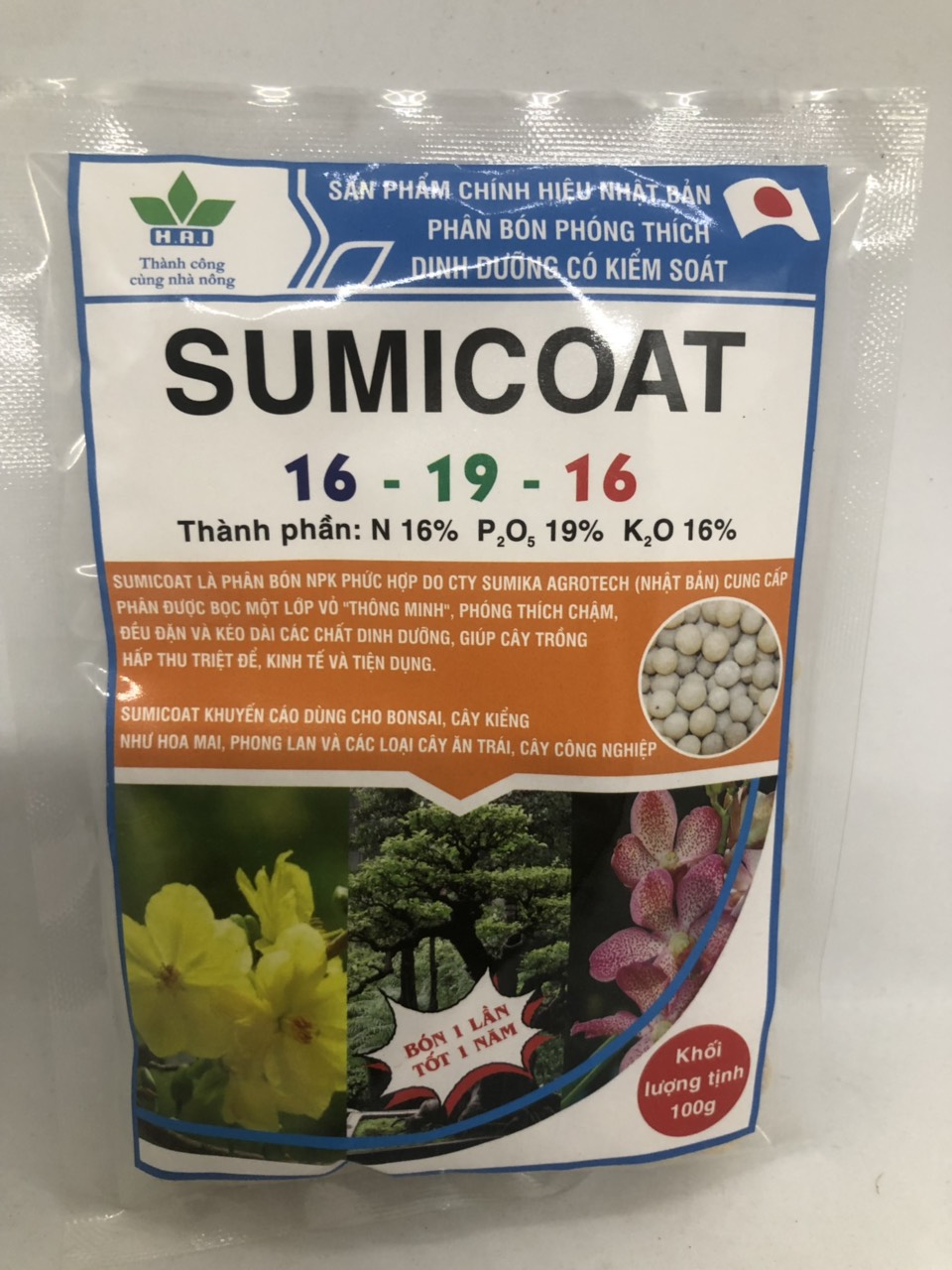 Gói 100g Phân tan chậm SUMICOAT Nhật Bản cho hoa lan mai sứ thái 16-19-16