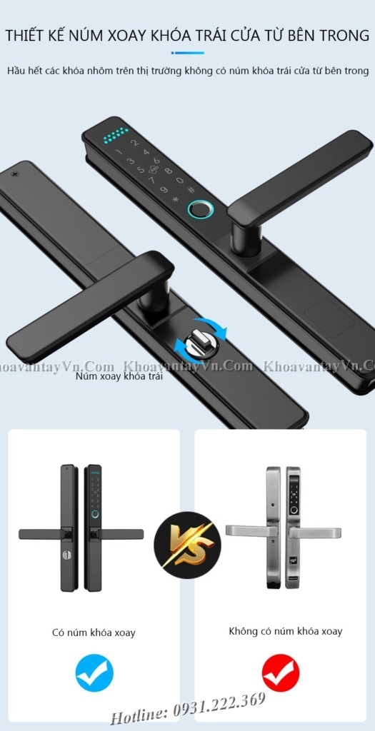 Khóa từ KCN05 với thiết kế núm xoay khóa trái cửa từ bên trong