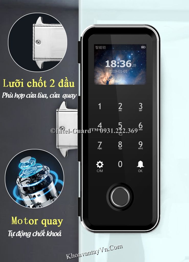 Khoá vân tay thông minh cửa kính MK178 trang bị lưỡi chốt 2 đầu thêm an toàn, chắc chắn cùng motor tự động điều khiển đóng mở khoá
