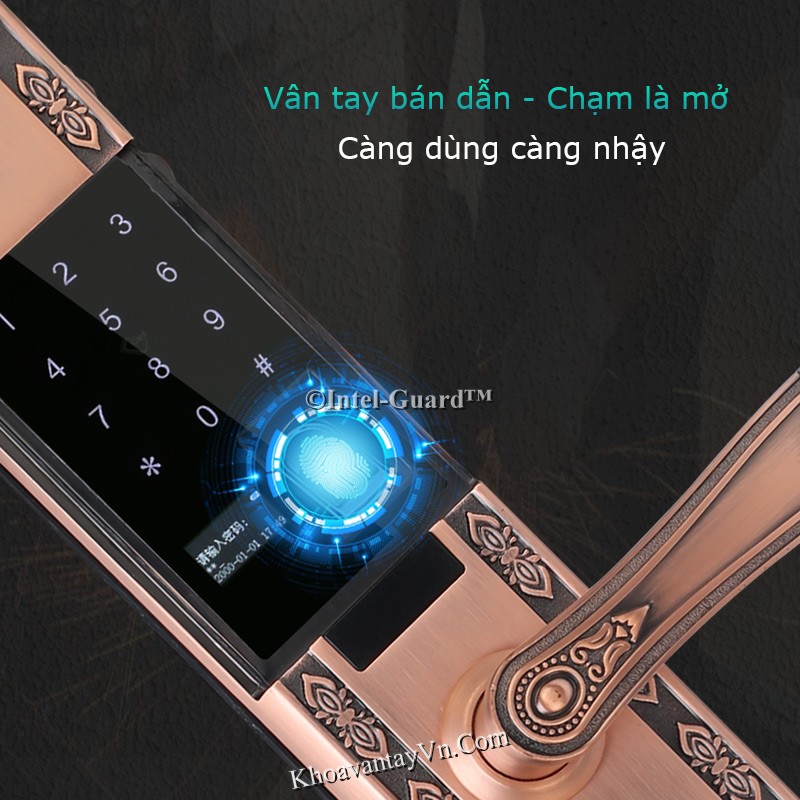 khoá cửa vân tay tân cổ điển KBT810 sử dụng công nghệ Live-Scan cho thời gian mở khoá nhanh chóng, cơ chế chống sao chép an toàn hơn khi sử dụng.
