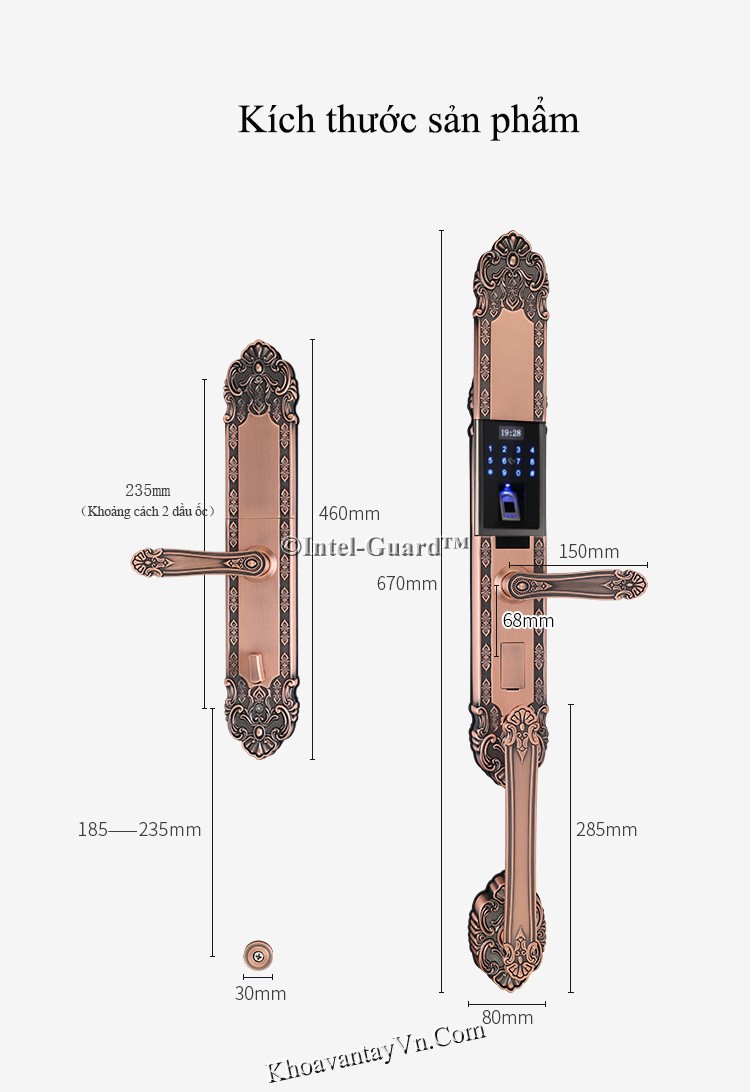 Kích thước chi tiết củakhoá cửa vân tay tân cổ điển KBT810 giúp khách hàng có thể tự khảo sát với thực tế cửa trước khi đưa quyết định mua