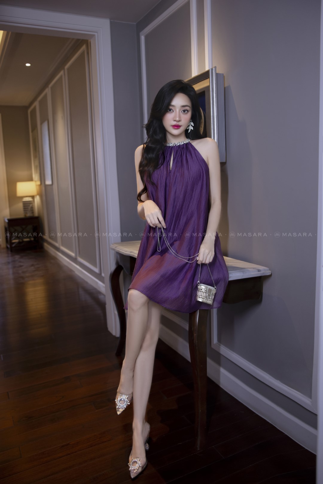 ĐẦM TƠ TÍM CARA ĐÍNH ĐÁ