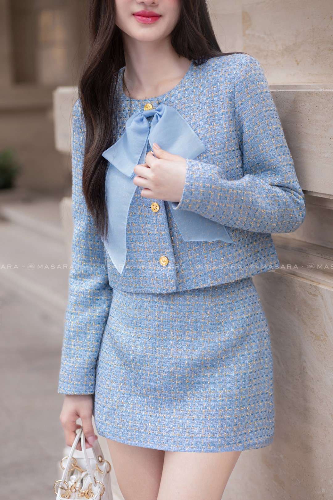 SET DẠ TWEED XANH DƯƠNG + NƠ CÀI