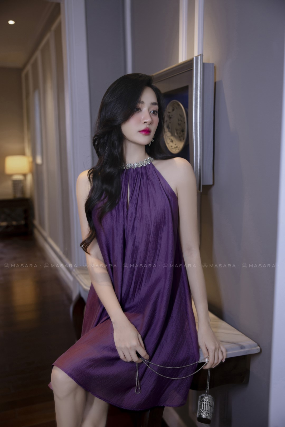 ĐẦM TƠ TÍM CARA ĐÍNH ĐÁ