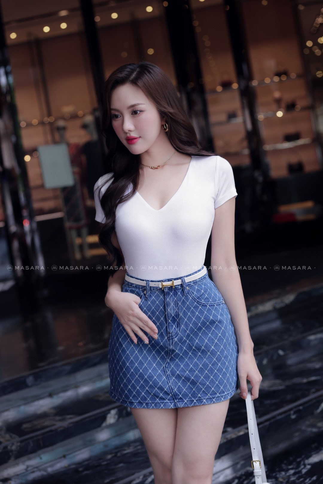 CHÂN VÁY JEAN CARO XANH