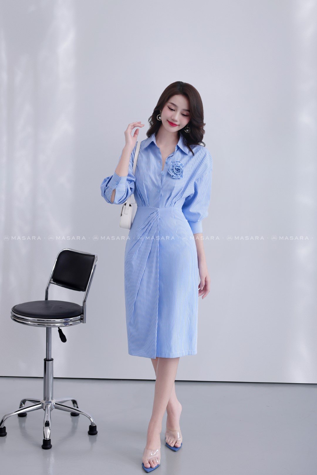 ĐẦM SƠ MI KẺ XANH BÔNG CÀI