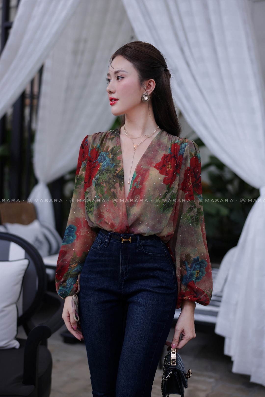 ÁO KIMONO TƠ GÂN MỀM HOA ĐỎ ĐẬM