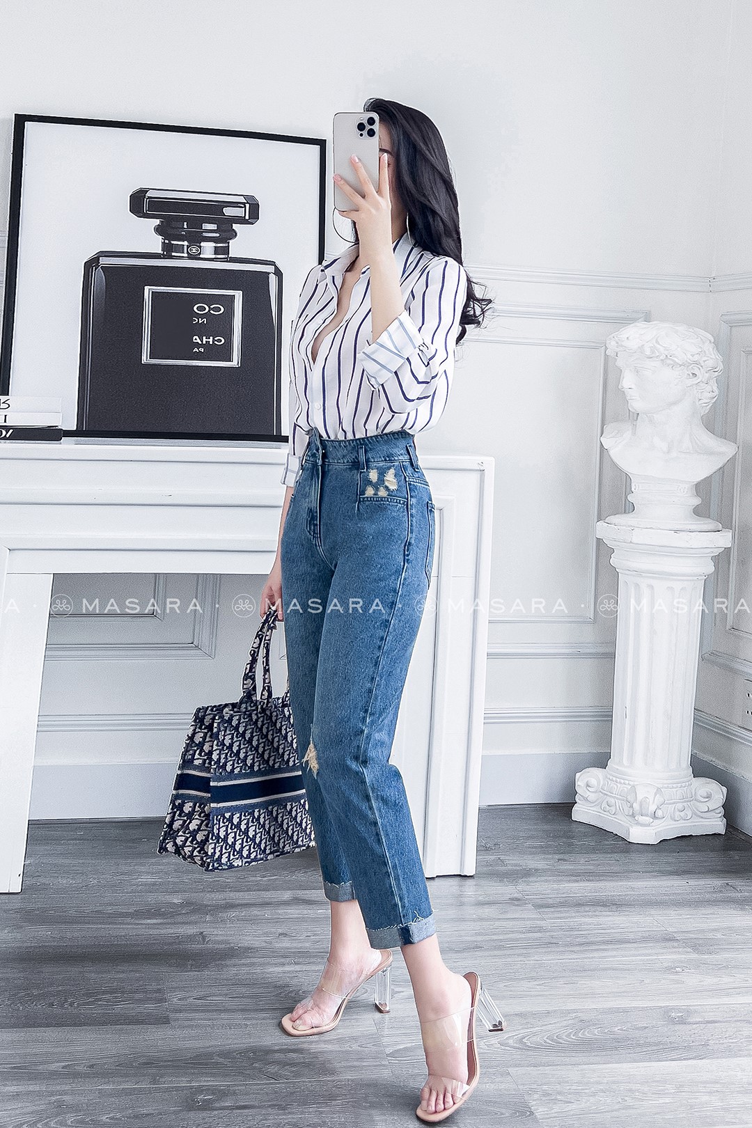 QUẦN JEAN BAGGY XƯỚC LẬT LINE XANH ĐẬM