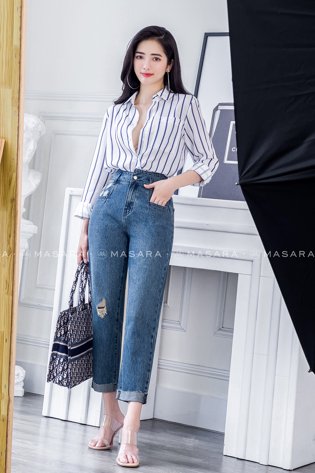 QUẦN JEAN BAGGY XƯỚC LẬT LINE XANH ĐẬM