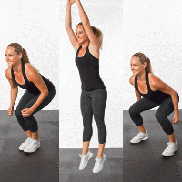 Tư thế bài tập trung bình tấn nhảy lên xuống.