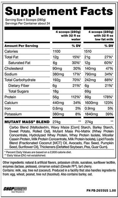 Nutrition Facts Mutant Mass 15lbs