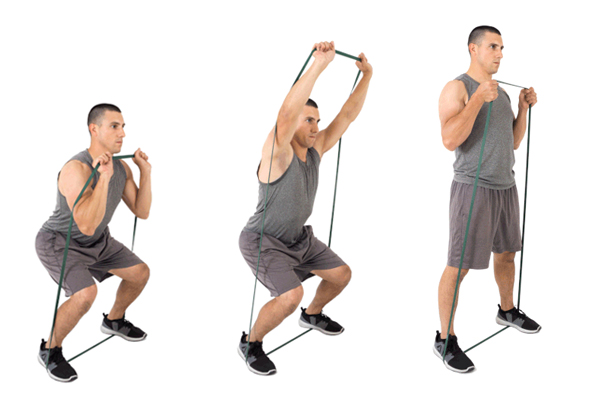RESISTANCE BAND SQUATS WITH OVERHEAD ARM EXTENSIONS