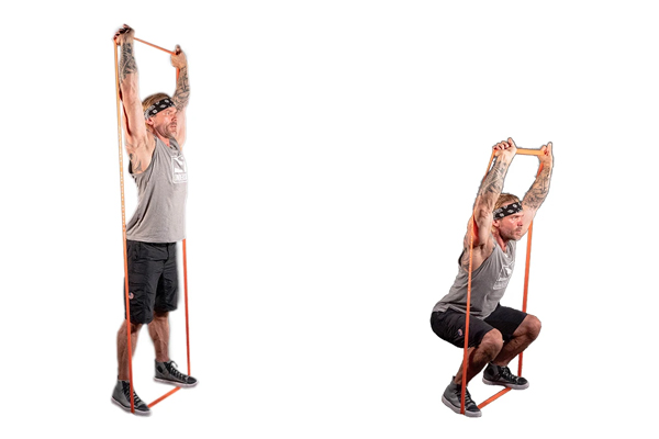 RESISTANCE BAND SQUATS WITH FULL ARM EXTENSIONS