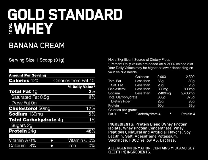 Nutrition Facts Whey Gold Standard 5lbs
