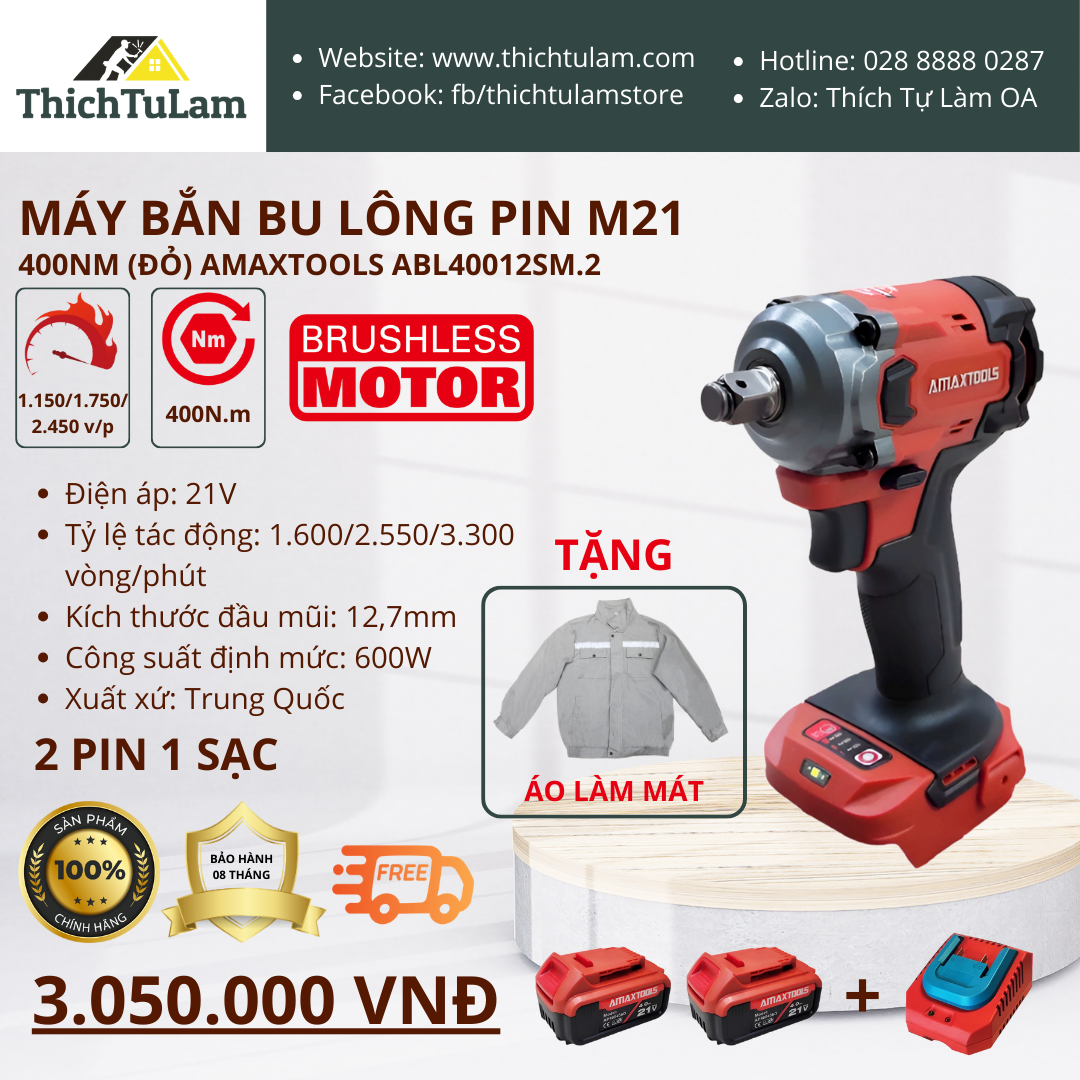máy bắn bu lông pin 400Nm M21 Amaxtools ABL40012SM.2