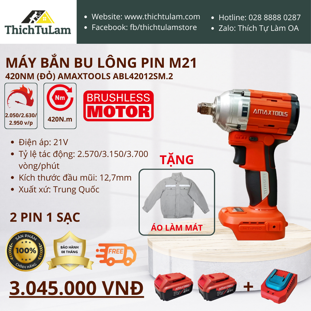 máy bắn bu lông pin 420Nm M21 Amaxtools ABL42012SM.2