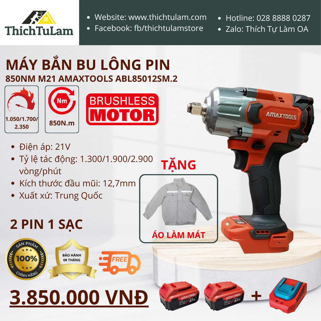 máy bắn bu lông pin 850Nm M21 Amaxtools ABL85012SM.2