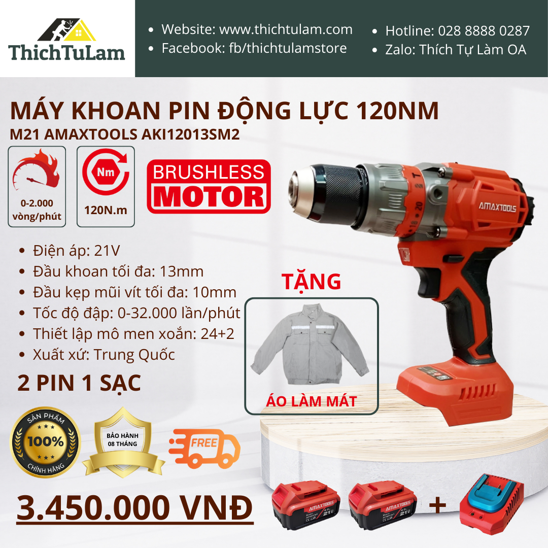 máy khoan pin động lực 120Nm M21 Amaxtools AKI12013SM2
