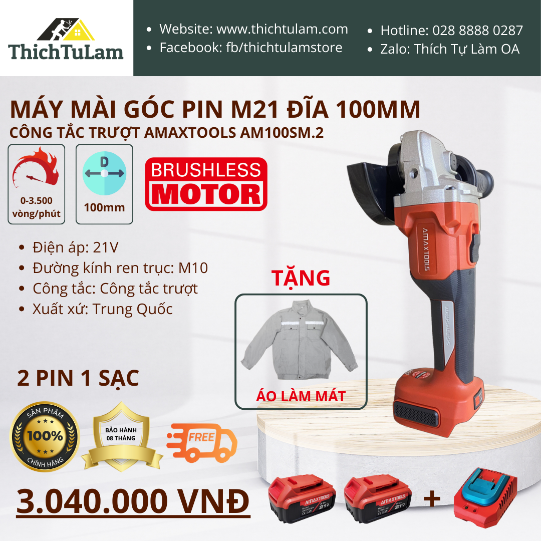 máy mài góc pin M21 100mm công tắc trượt Amaxtools AM100SM.2