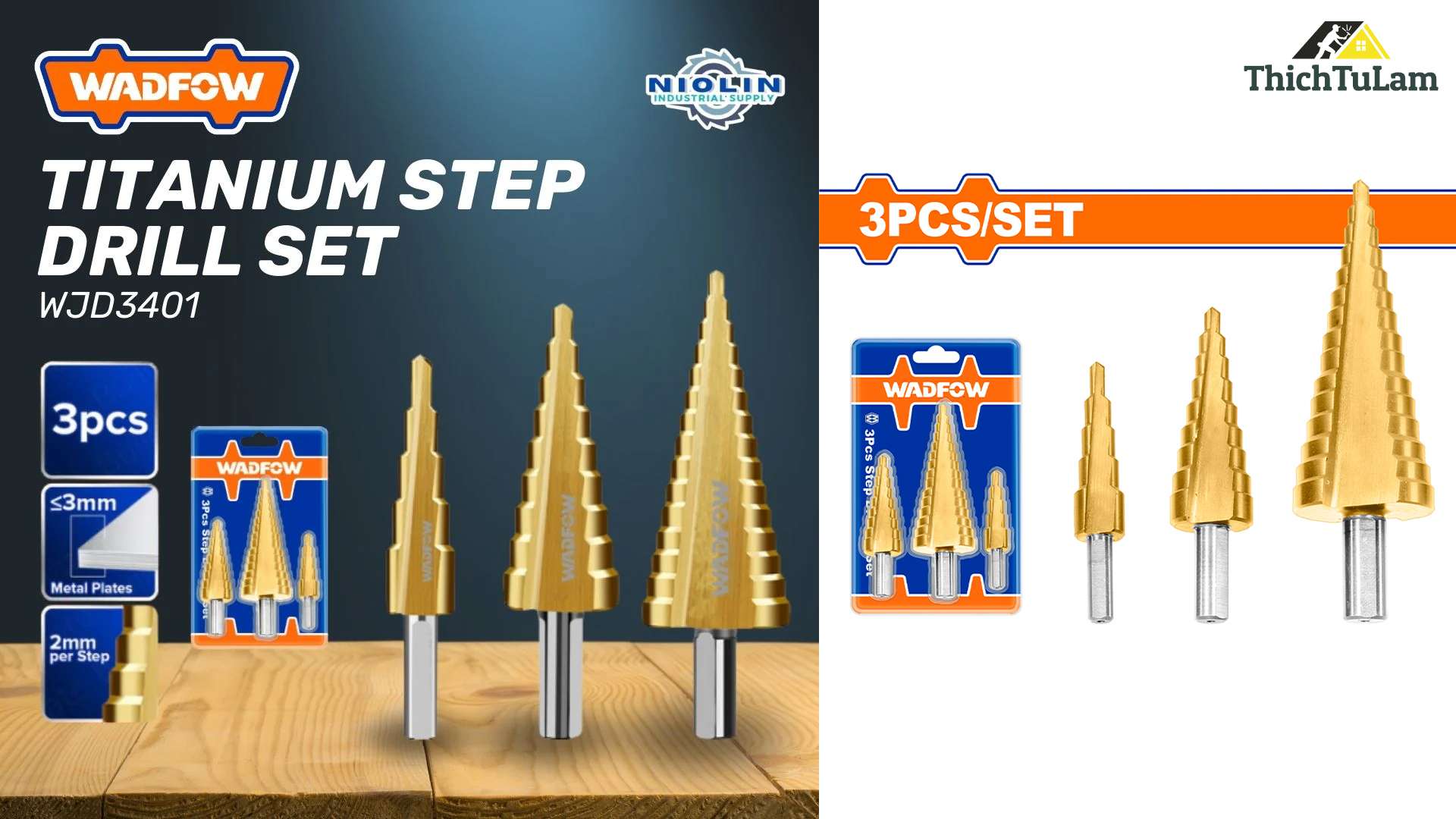 BỘ 3 MŨI KHOAN THÁP ĐA TẦNG KIM LOẠI WADFOW WJD3401
