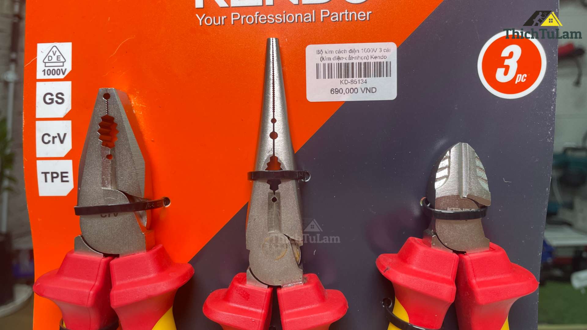 Bộ kìm cách điện 1000V 3 cái (kìm điện-cắt-nhọn) Kendo 85134