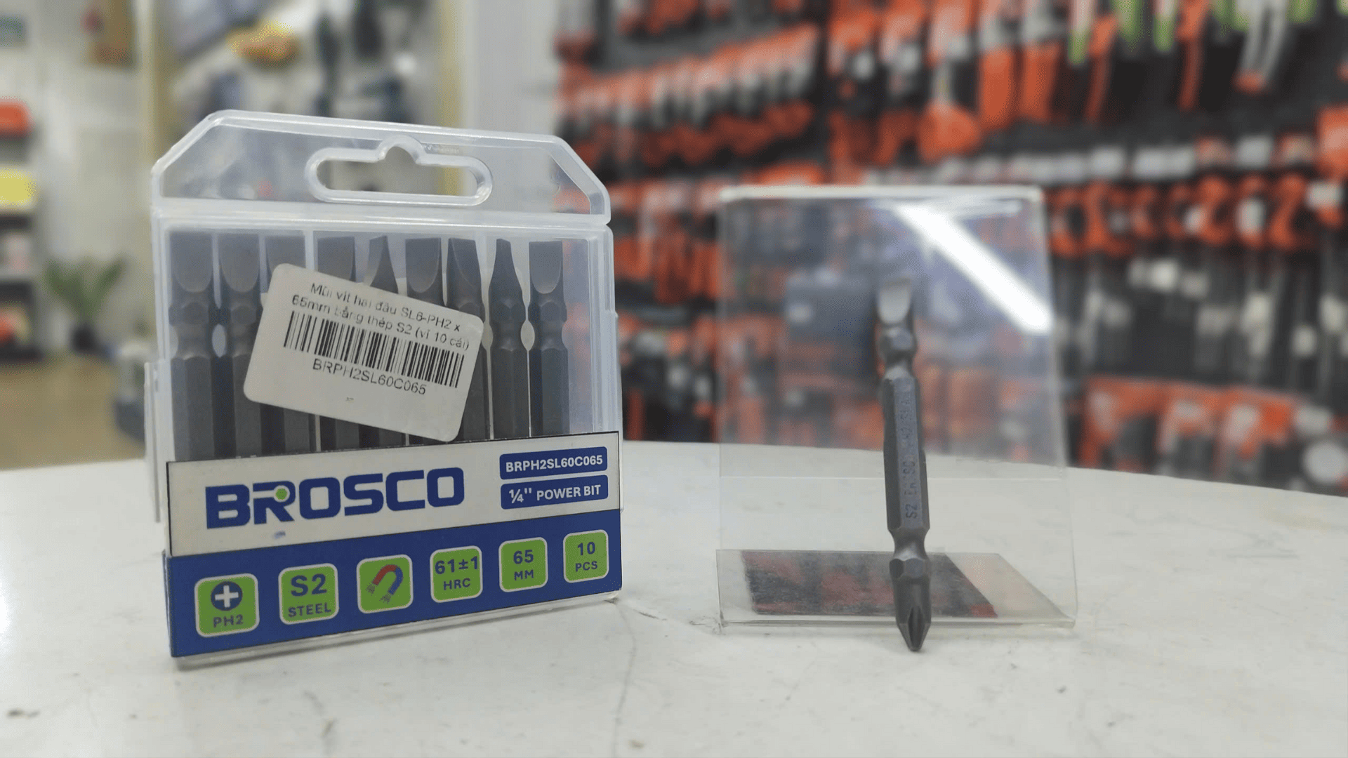 Mũi vít hai đầu SL6-PH2 x 65mm bằng thép S2 (vỉ 10 cái) Brosco BRPH2SL60C065