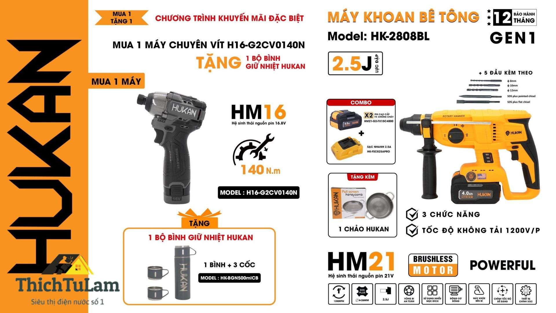 MÁY KHOAN PIN BÊ TÔNG 3 CHỨC NĂNG HUKAN HK-2808BL.2