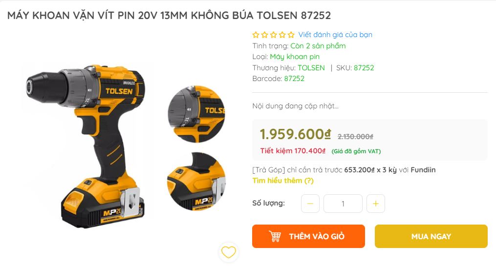 Bộ máy khoan pin vặn vít pin 20V 13mm TOLSEN 87252