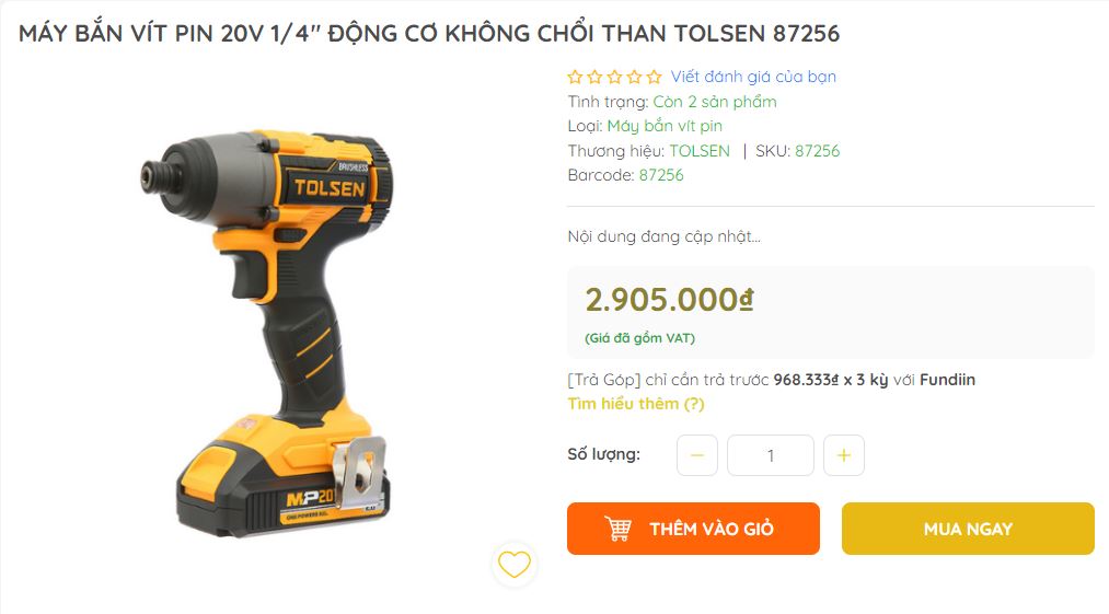 Máy bắn vít pin 20V 1/4" động cơ không chổi than TOLSEN 87256