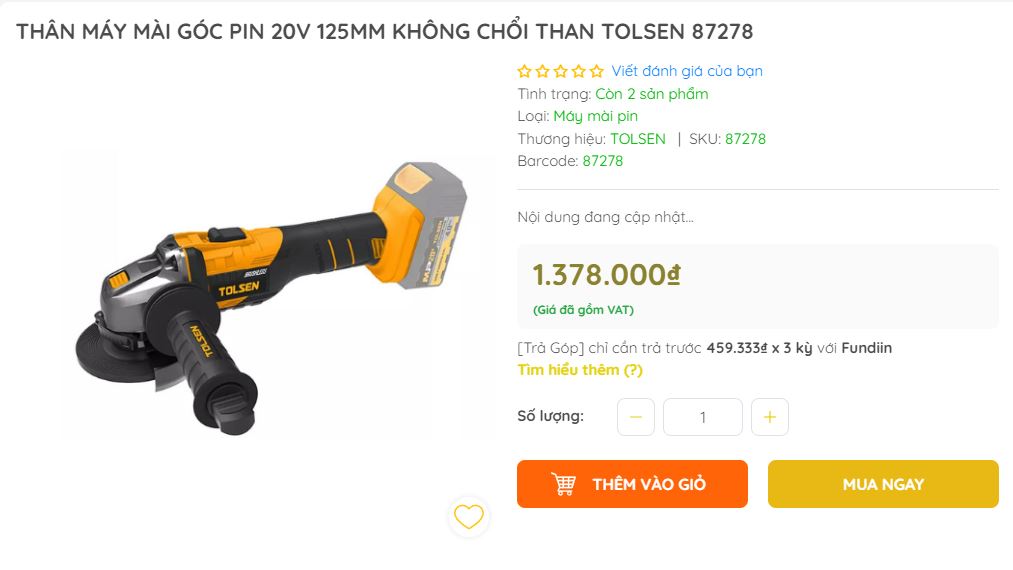 Thân máy mài pin 20V 125mm động cơ không chổi than TOLSEN 87278