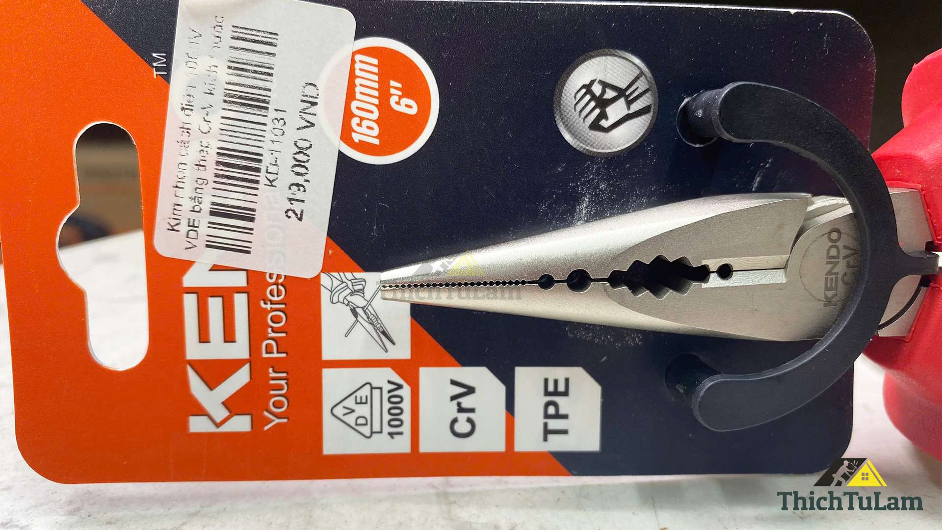 Kìm nhọn cách điện 1000V VDE bằng thép Cr-V kích thước 160mm Kendo 11031