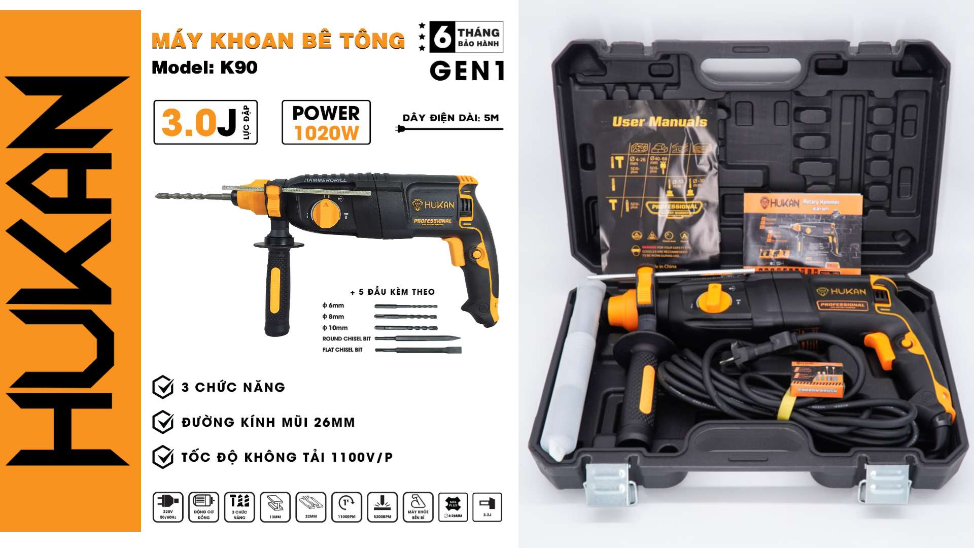 Máy khoan bê tông điện 1020W Hukan K90 3 chức năng