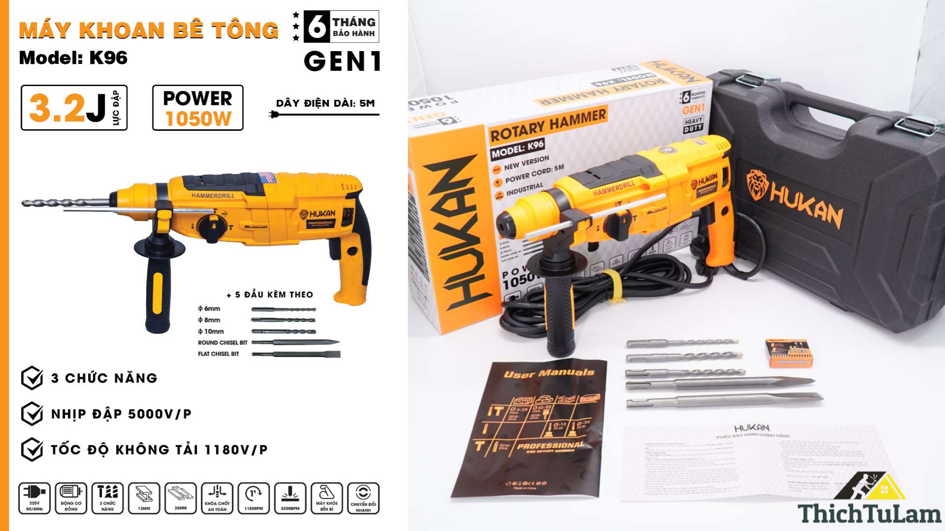 Máy khoan bê tông 3 chức năng dùng điện Hukan K96