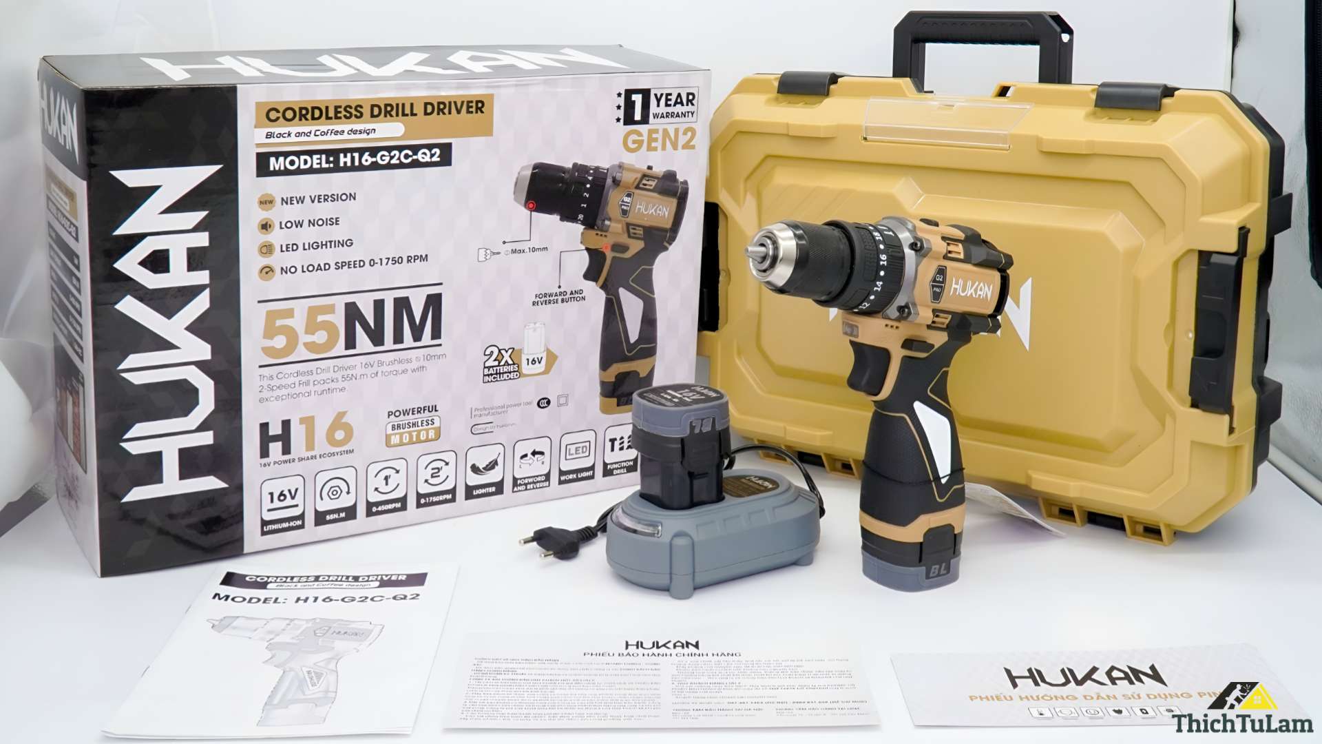 Máy khoan pin 10mm ( có khóa trục) màu cà phê sữa 16V Gen 2 Hukan H16-G2C-Q2