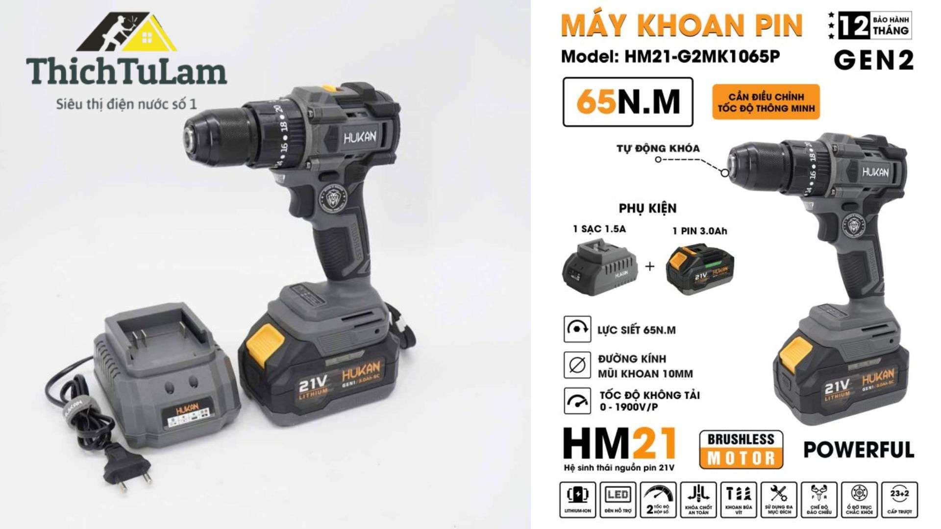 Thiết kế và thông số kỹ thuật MÁY KHOAN PIN 10MM GEN 2 HUKAN HM21-G2MK1065P