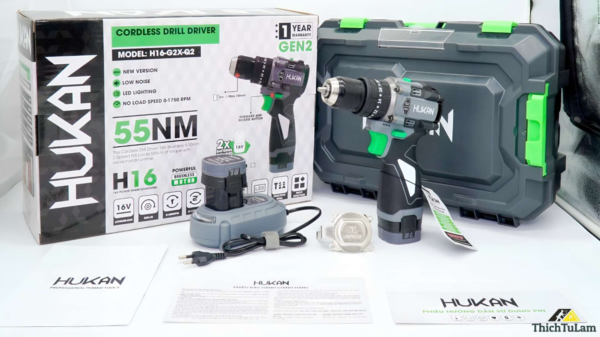 Máy khoan pin 10mm ( có khóa trục ) 16V Gen 2 Hukan H16-G2X-Q2