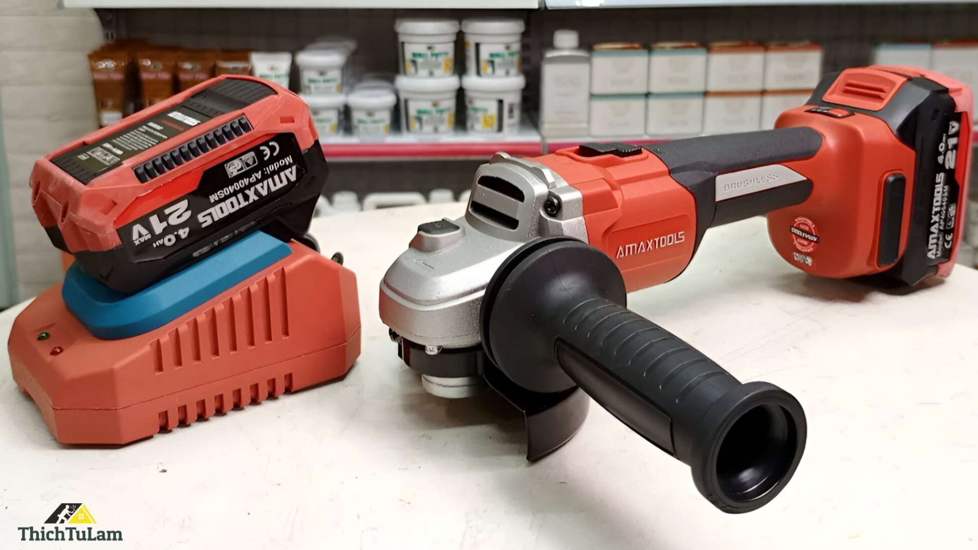 Máy mài góc pin M21 đĩa 100mm công tắc trượt (Bộ 2 pin, 1 sạc 3.5Ampe) Amaxtools AM100SM.2