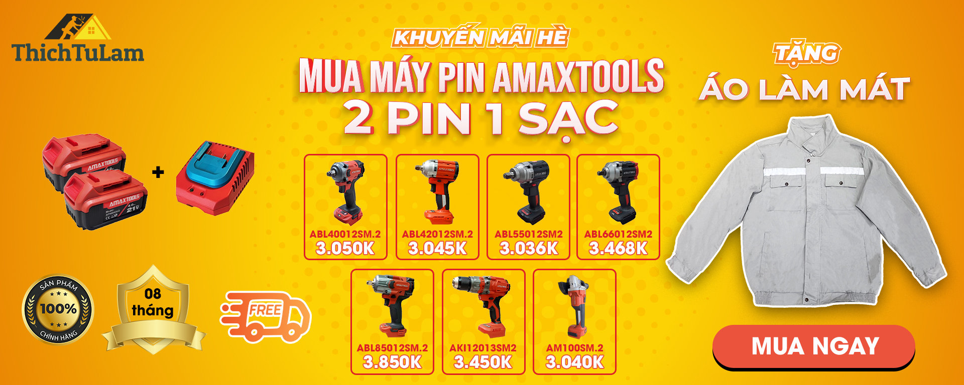 Amaxtools khuyến mãi khủng - Mua 1 máy, 2 pin, 1 sạc TẶNG Áo làm mát + Freeship!