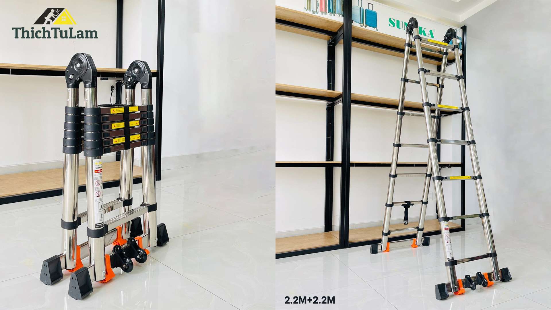 THANG RÚT ĐÔI INOX CHỮ A CAO 4.4M YBY PANCH TA220