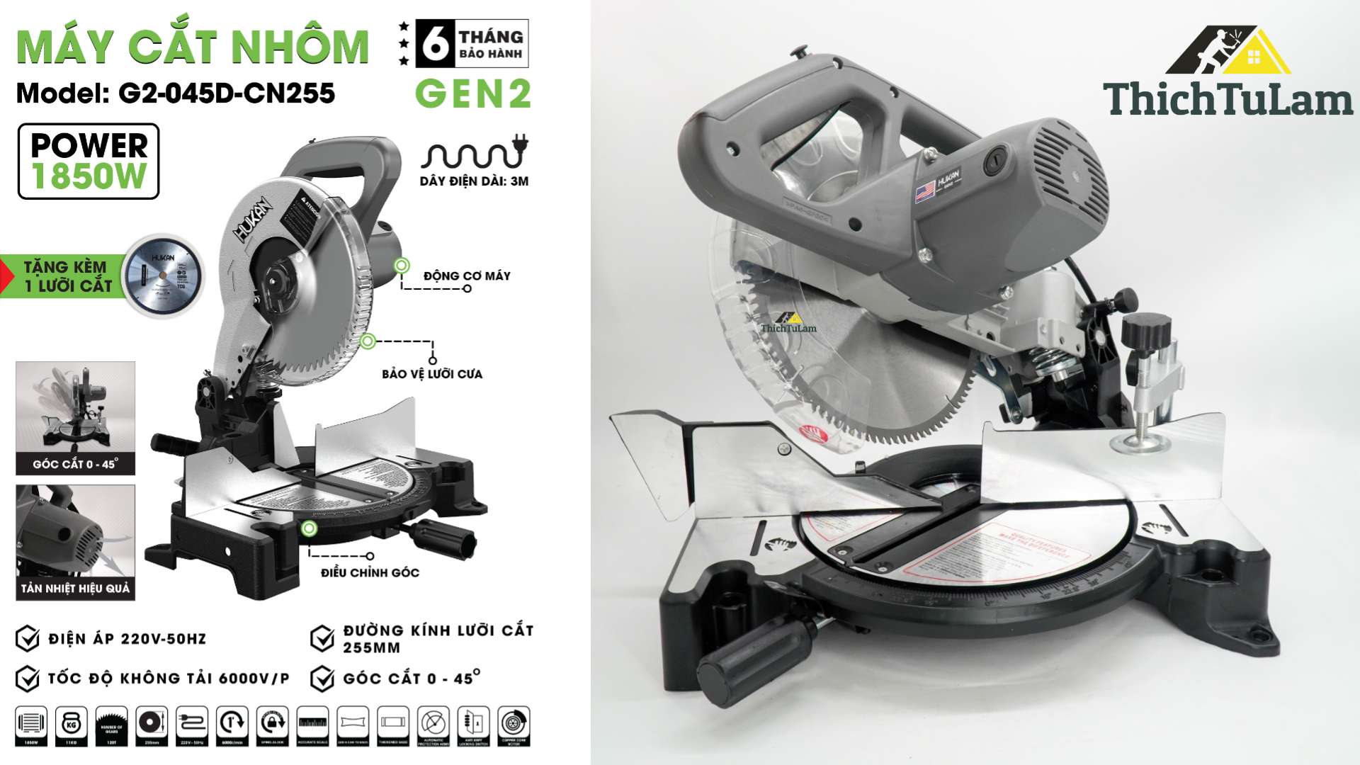 Thông số kỹ thuật Máy Cắt Nhôm Hukan Lưỡi 255mm G2-045D-CN255