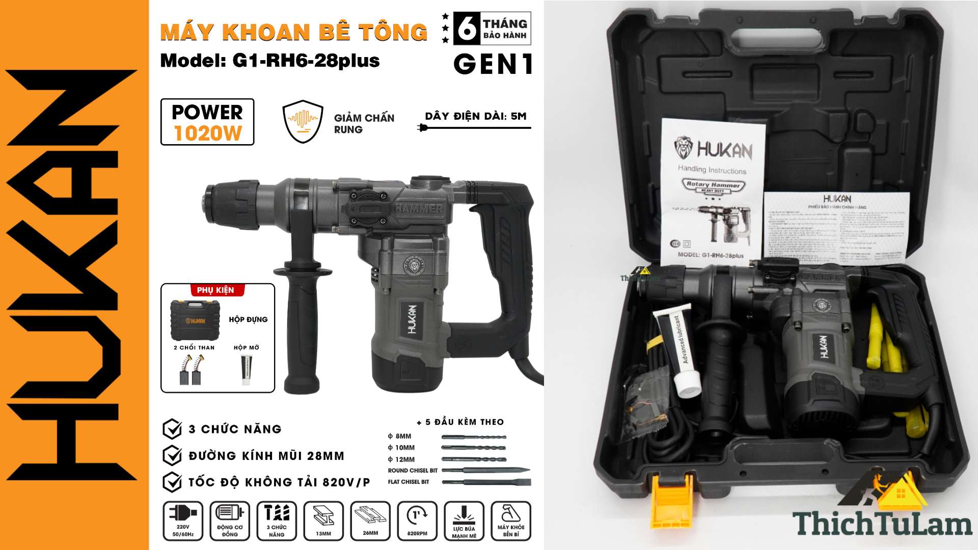 Thông số kỹ thuật Máy khoan đục bê tông điện 1020W Hukan G1-RH6-28PLUS