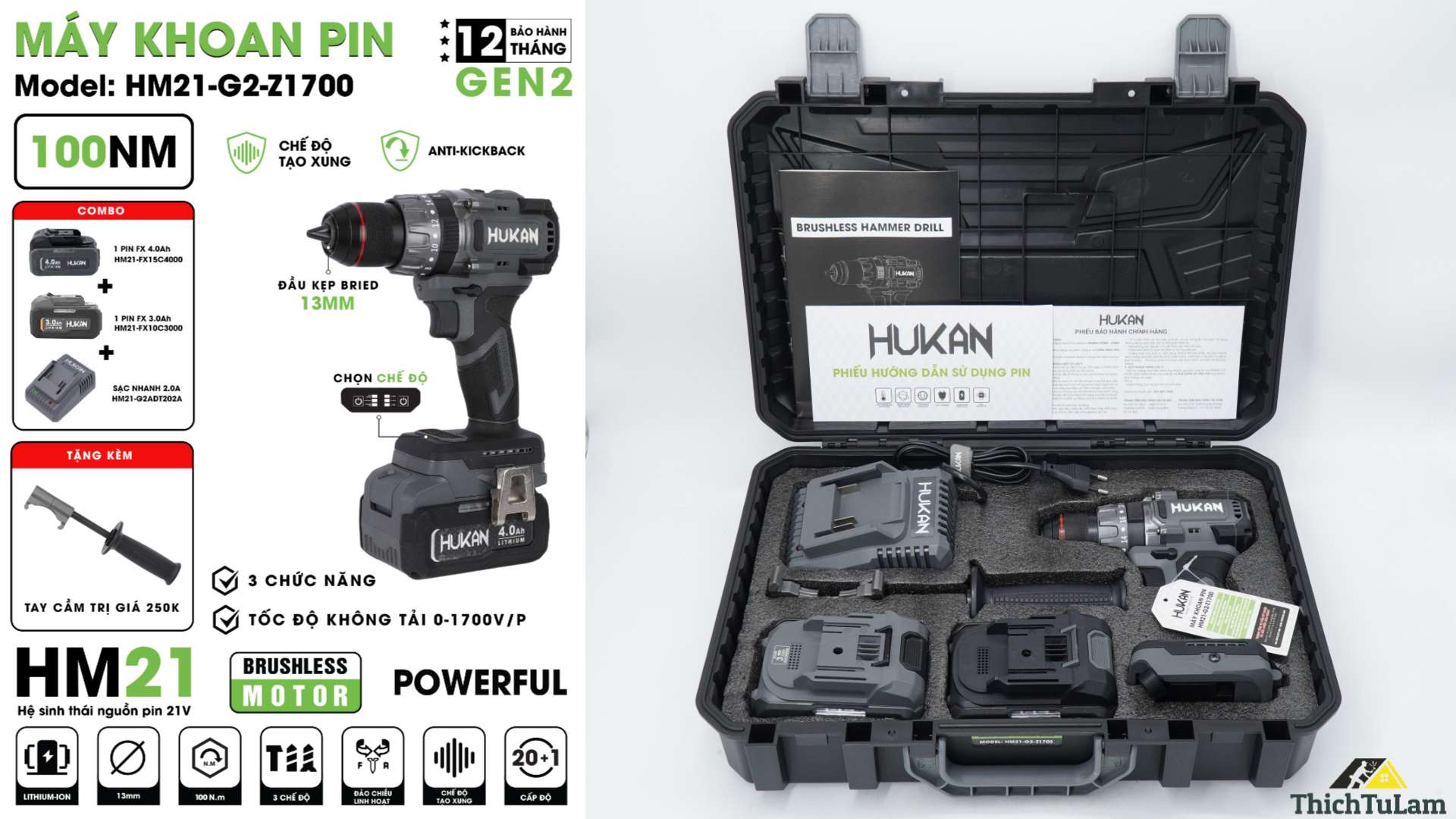 Thông số kỹ thuật Máy khoan pin Hukan Z1700