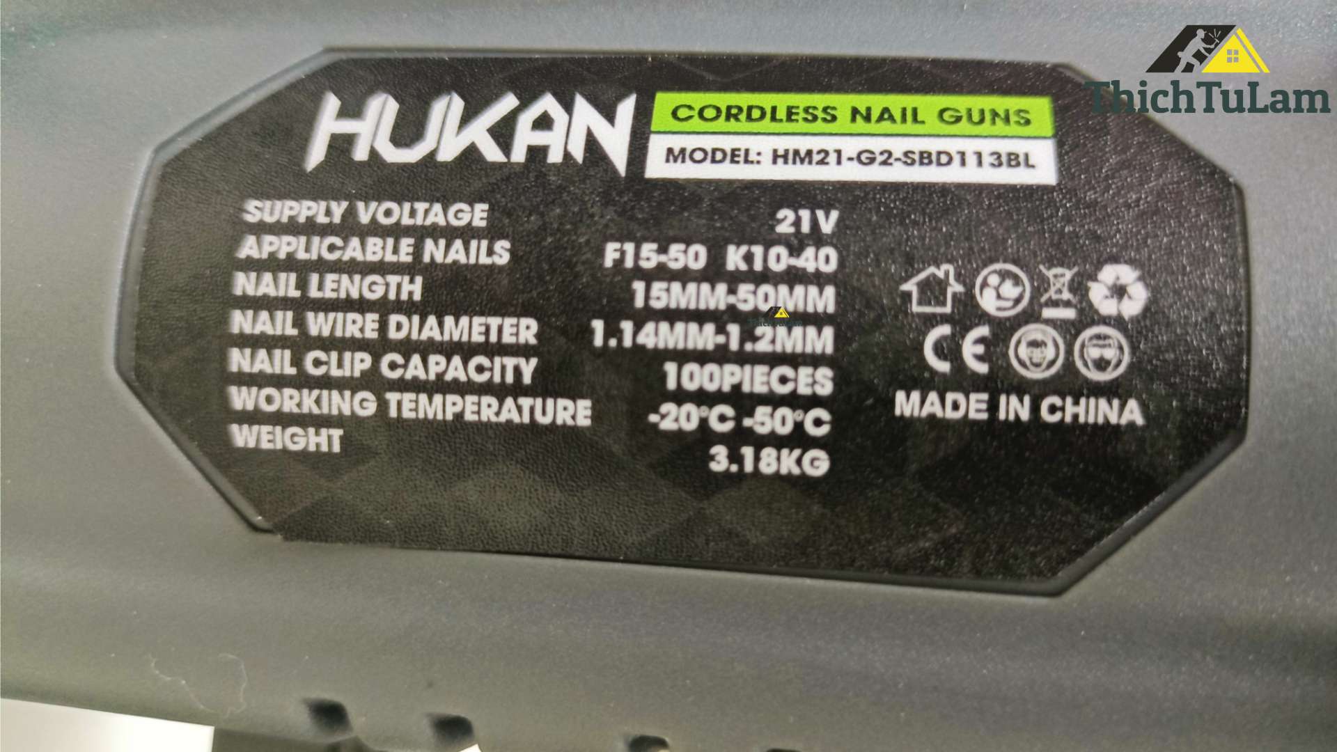 Thông số kỹ thuật Thân súng bắn đinh gỗ pin 21v F50 Hukan HM21-G2-SBD113BL